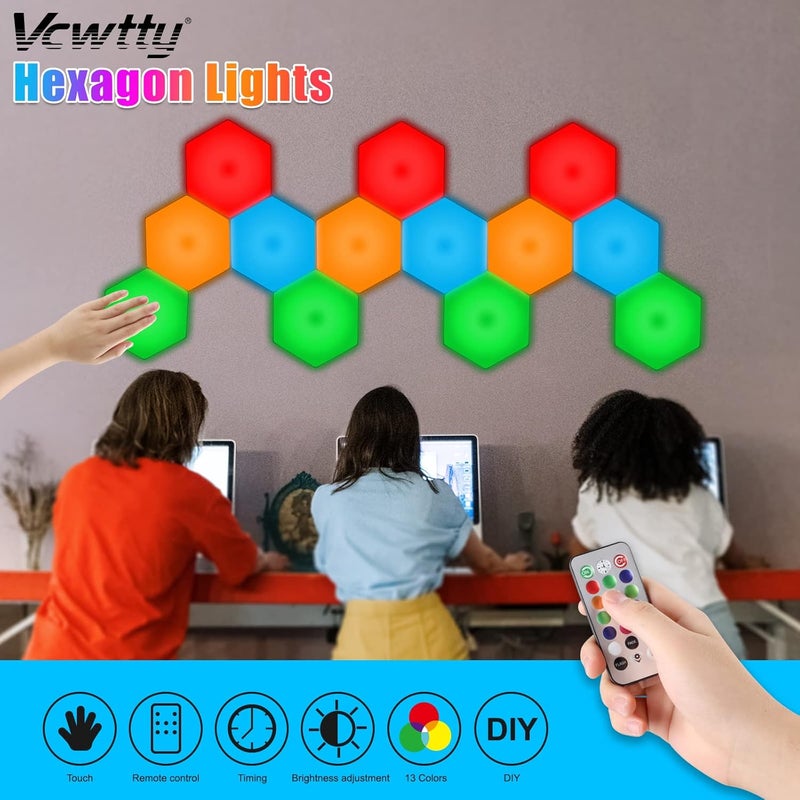 Vcwtty Hexagon Lights, Smart LED Wall Lights with Remote, 13 Colors Touch-Sensitive DIY Modular Assembled RGB Wall Panels, Hex Light with USB-Power for Autism, Game Room Decor, Party (10 Pack) - Image 3